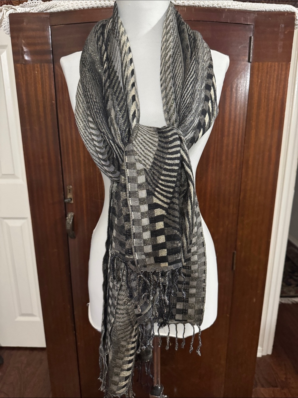 Collection XIIX Black & Silver Patterned Shawl/ scarf